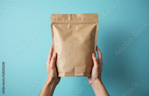 Close up of blank craft paper bag in hands against blue background. Food take away delivery service package mock up with copy space for advertising content.