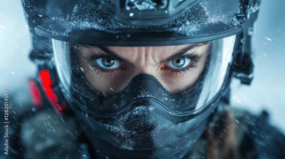A striking close-up of a soldier in icy conditions, showcasing fierce eyes and a determination to succeed in extreme circumstances of war or survival scenarios. A striking close-up of a soldier in icy conditions, showcasing fierce eyes and a determination to succeed in extreme circumstances of war or survival scenarios.