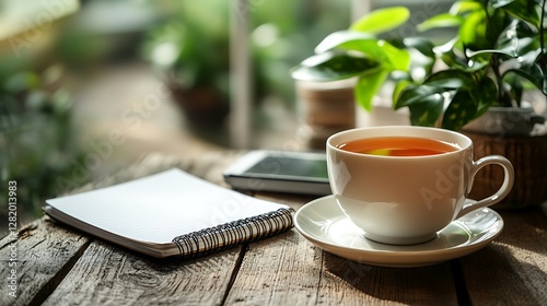 Tea, notepad, phone, garden view, relaxation