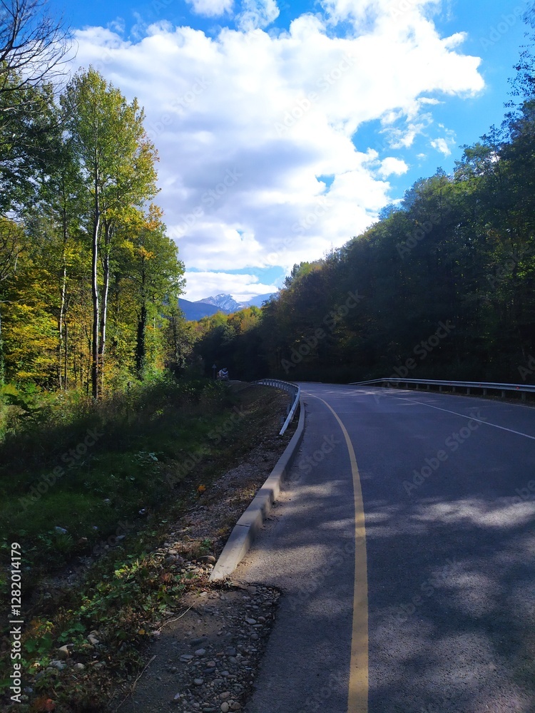 Fototapeta premium paved highway in a mountainous area in early autumn with panoramic views
