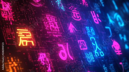 Neon Asian characters digital wall, futuristic background, tech concept