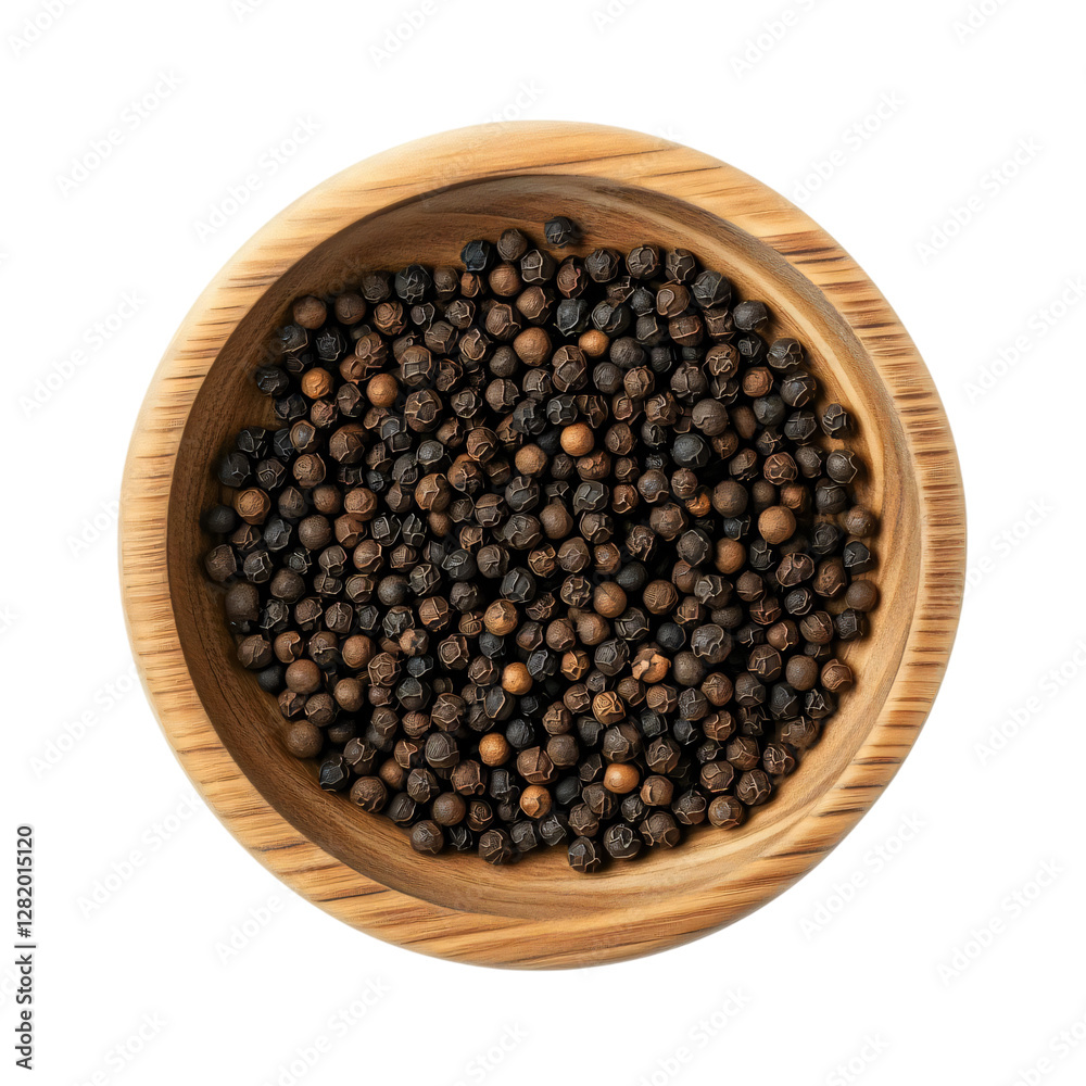 Black peppercorns in wooden cup top view isolated on transparent background Black peppercorns in wooden cup top view isolated on transparent background