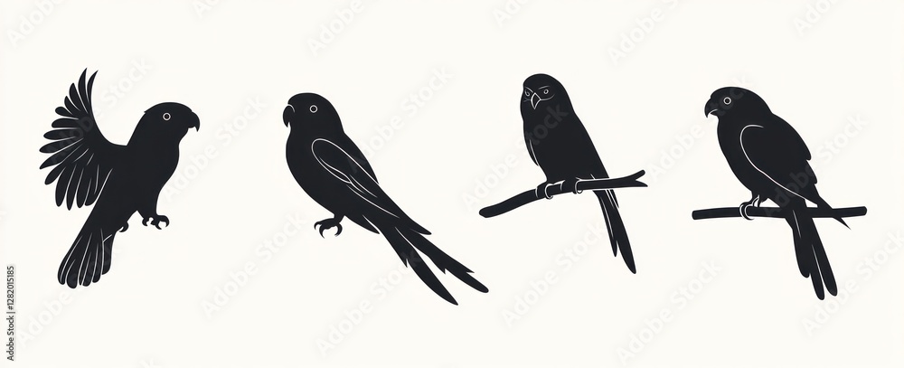 Fototapeta premium Four Black Parrot Silhouettes in Various Poses
