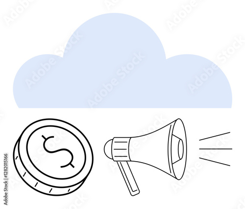 Cloud graphic with coin featuring a dollar sign and a megaphone emitting sound lines. Ideal for finance, marketing, cloud services, online business, digital communication, economic strategies