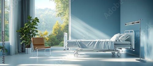 Luxurious Hospital Room with Patient Bed, Armchair, and Medical Equipment in Soft Blue Tones photo