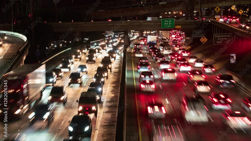 Night Time Lapse of Los Angeles Downtown Freeway Traffic 100mm California USA