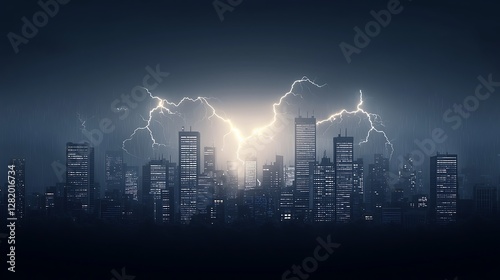 Dramatic lightning strikes illuminate a city skyline during a stormy night with dark clouds