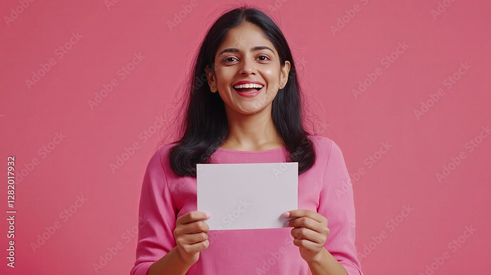 A smiling woman in a pink sweater holds an envelope, symbolizing receiving exciting news, a letter, or an important document. A smiling woman in a pink sweater holds an envelope, symbolizing receiving exciting news, a letter, or an important document.