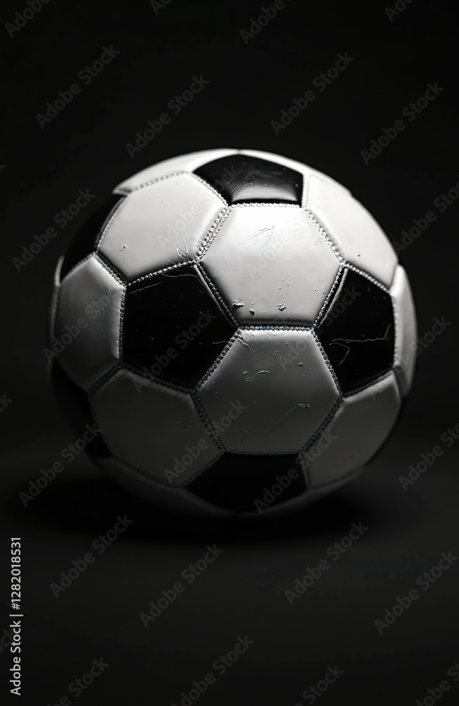 Naklejka premium Detailed black, white soccer ball image. Classic football sport equipment on dark background. Round leather ball shows iconic competition symbol. Monochrome photo featuring traditional game