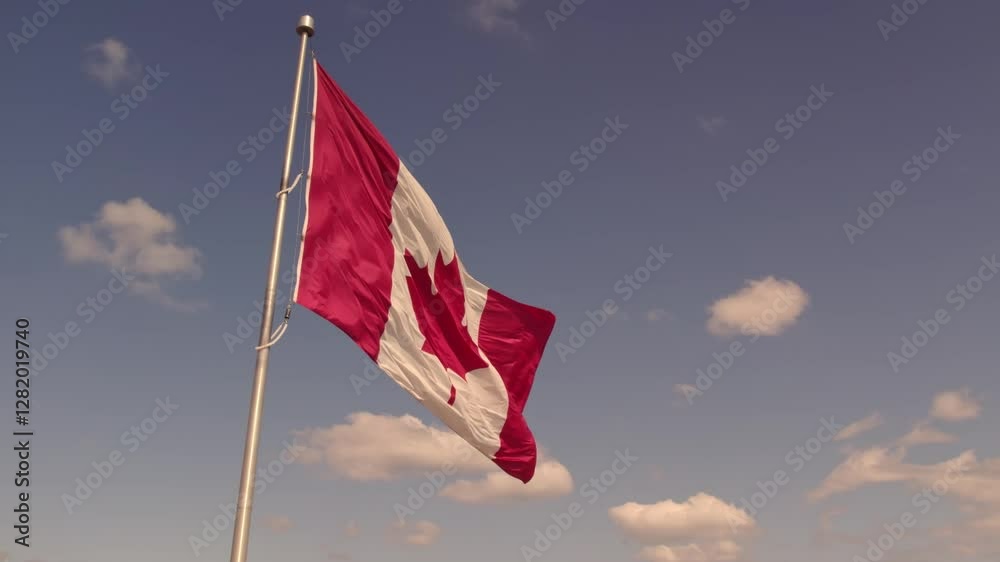 Flag of Canada flying against a summer blue sky. Canadian flag waving on the wind. Canadian flag with maple leaf on the pole slow motion movement. Flag of Canada flying against a summer blue sky. Canadian flag waving on the wind. Canadian flag with maple leaf on the pole slow motion movement.