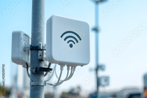Wireless Connectivity: A white antenna with the universal icon mounted on a pole against a clear sky, representing modern communication and signal transmission. photo
