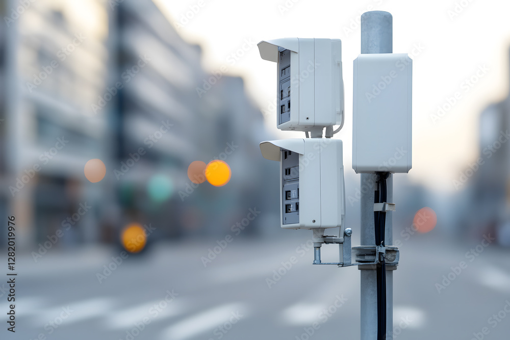 City street monitoring equipment on a pole, featuring white boxes with access panels, against an out-of-focus urban backdrop. City street monitoring equipment on a pole, featuring white boxes with access panels, against an out-of-focus urban backdrop.