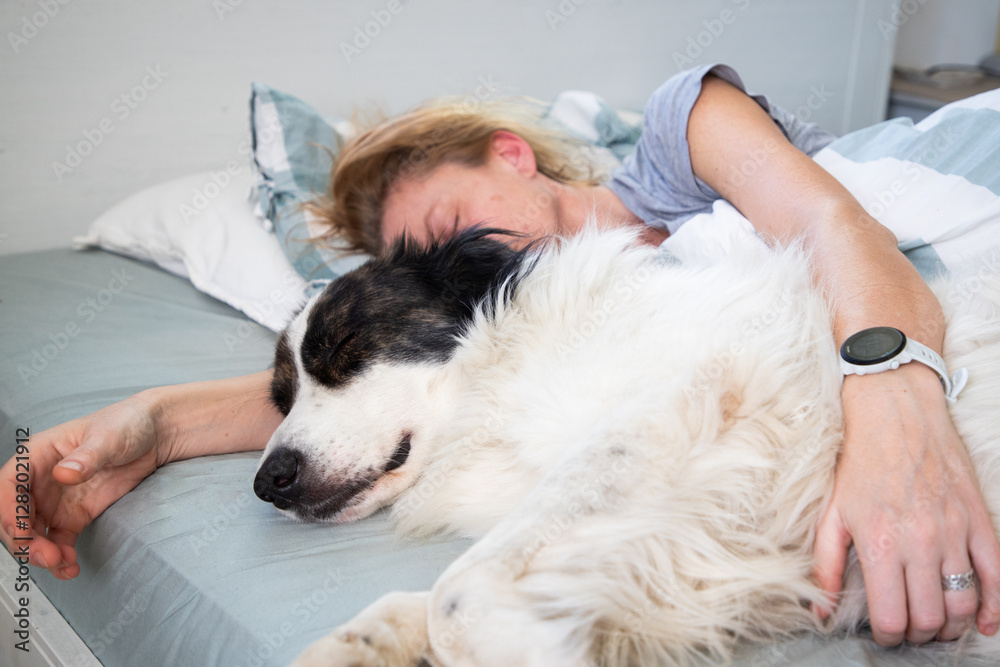 happy white dog and woman sleeping in bed
