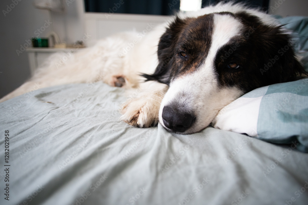happy white dog and woman sleeping in bed