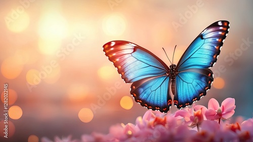 exotic butterfly perched A vibrant butterfly resting on pink flowers, illuminated by soft sunlight and a dreamy bokeh background.