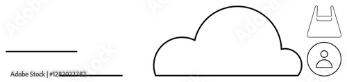 Cloud icon with user circle, shopping bag, and horizontal lines. Ideal for digital storage, user management, e-commerce, online services, data access technology interfaces networking. Abstract line