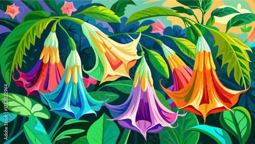 Colorful Angel Trumpet flowers burst into full bloom, contrasting beautifully with a verdant garden backdrop, creating a stunning visual display of nature's vibrant