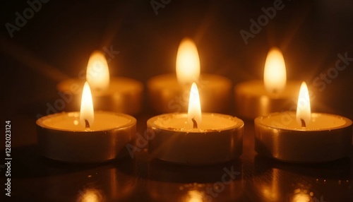 Five tealight candles shining in darkness