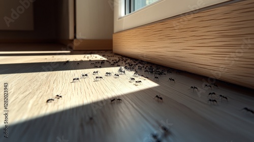 A close-up view of numerous ants crawling along a wooden floor near a sunlit window