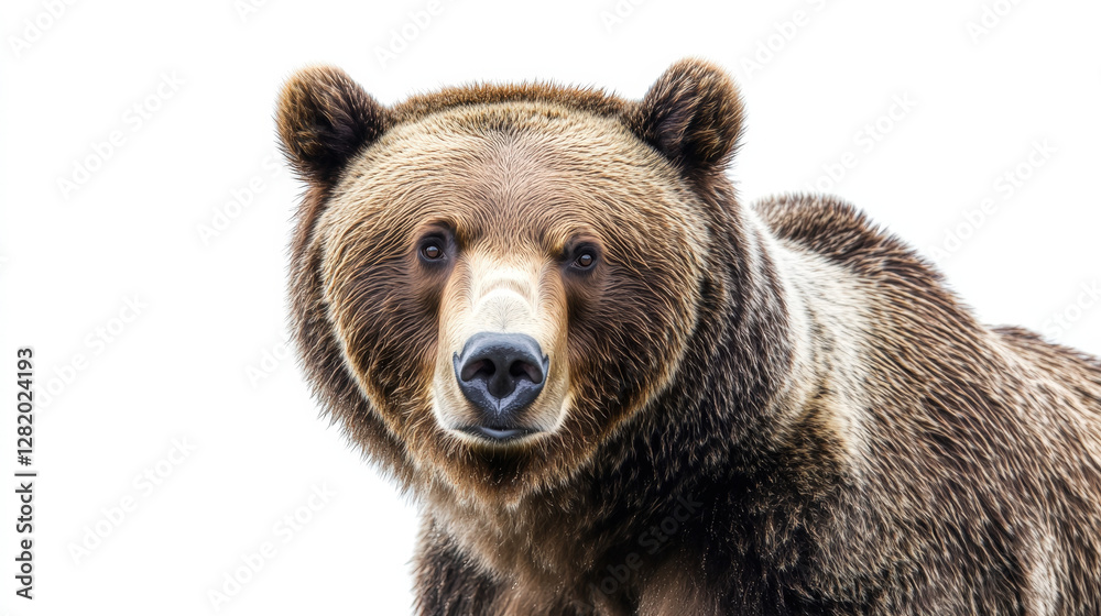 Majestic brown bear standing tall and looking into the distance against a clean white background

