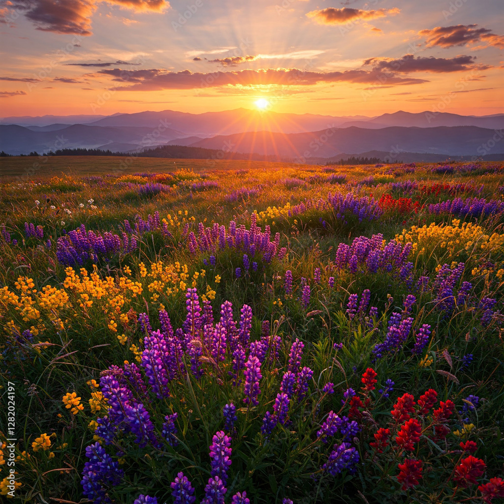 Obraz premium A breathtaking sunset over a vibrant wildflower field, with golden sunlight casting a warm glow. Rolling hills and distant mountains add depth, creating a peaceful and scenic natural landscape