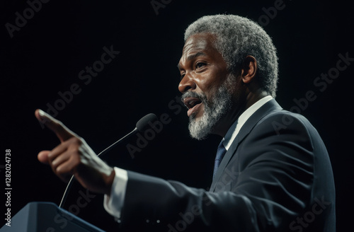 Middle-aged Black male speaks passionately into microphone at a conference, engaging with the audience while delivering a powerful message