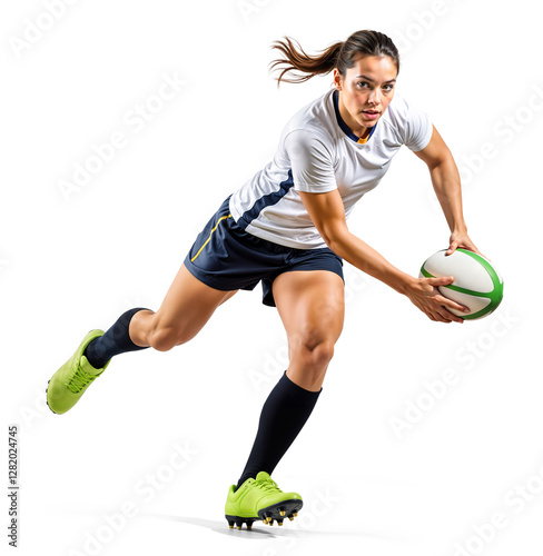 Focused female rugby athlete in control of a ball in dynamic pose