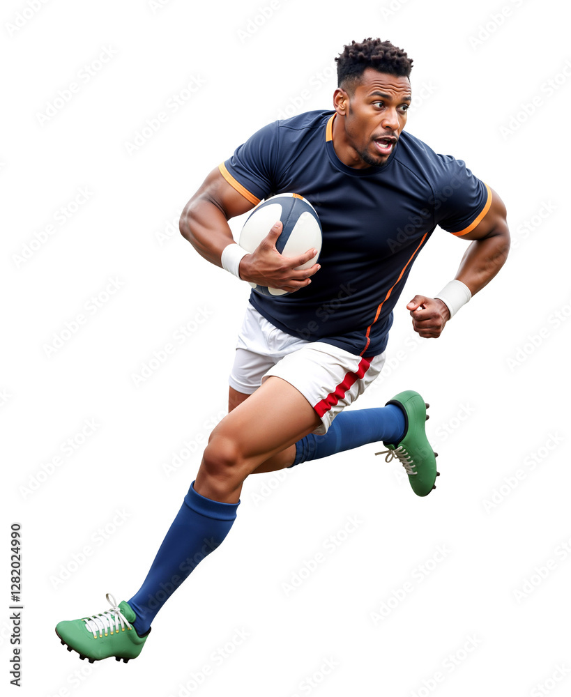 Rugby athlete rushing forward while holding a rugby ball on isolated background