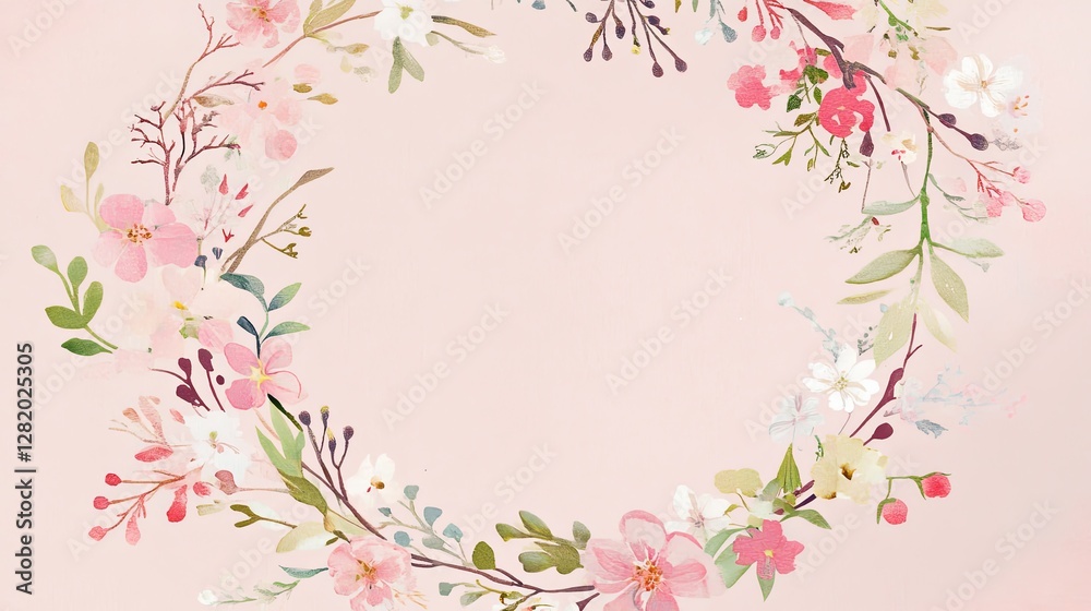 Delicate floral wreath on a pastel pink background Delicate floral wreath on a pastel pink background