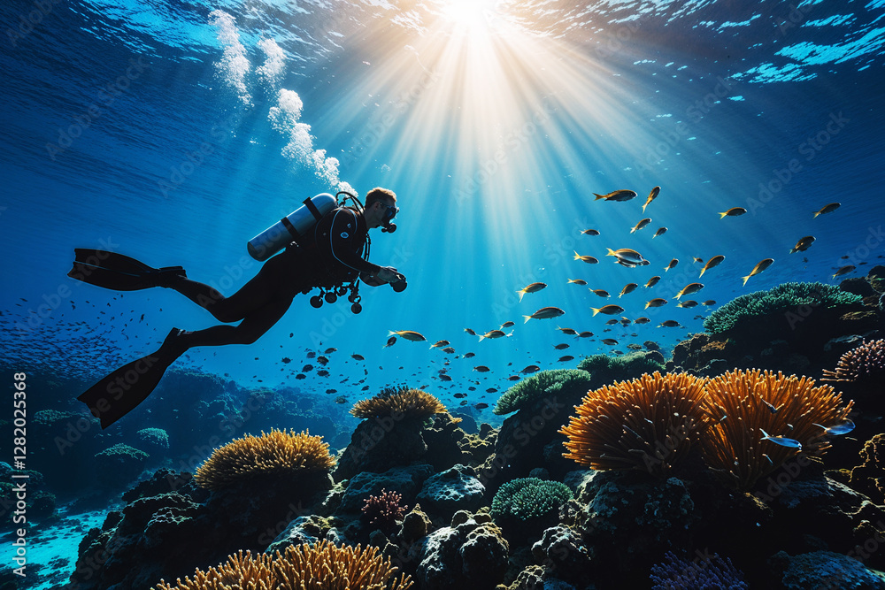 Diver Exploring Vibrant Coral Reef Underwater Diver Exploring Vibrant Coral Reef Underwater