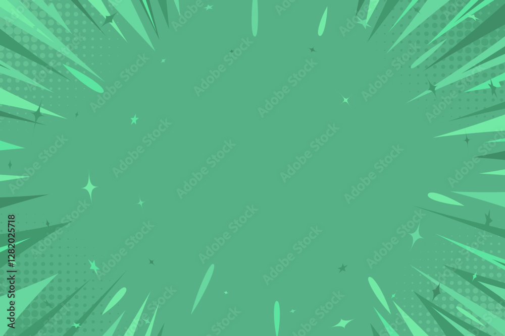Retro green comic book background. Modern creative pop art halftone style background with stars and decorative circles