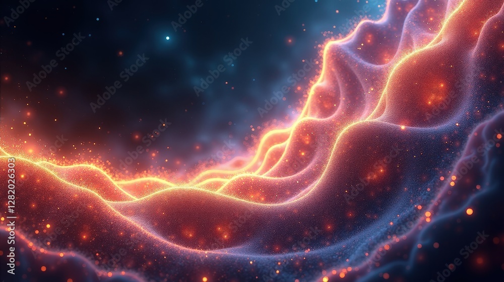 An infinite cascade of glowing fractal patterns, shimmering with quantum energy, abstract waveforms intertwining through cosmic space, vibrant pulses of light representing particle duality. An infinite cascade of glowing fractal patterns, shimmering with quantum energy, abstract waveforms intertwining through cosmic space, vibrant pulses of light representing particle duality.