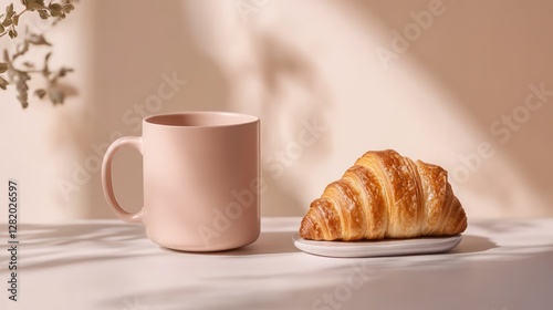A visually pleasing arrangement of a warm coffee mug and a flaky croissant, captured under soft natural daylight with a clean neutral background