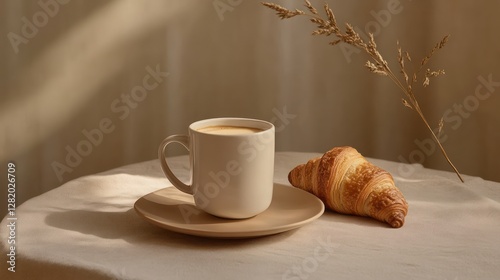 A visually pleasing arrangement of a warm coffee mug and a flaky croissant, captured under soft natural daylight with a clean neutral background