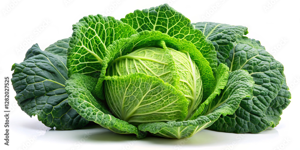 Fototapeta premium A vibrant green cabbage with tightly packed leaves sits against a clean white background, highlighting its freshness and texture. The lush greens emphasize the vegetable's health benefits