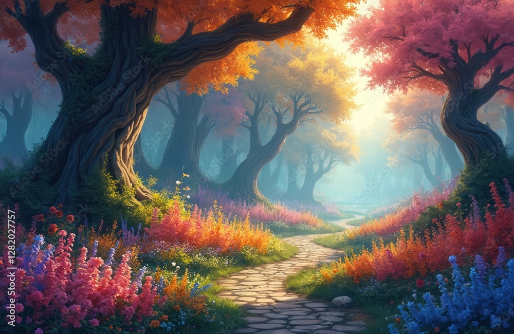 Fototapeta premium Enchanted forest in fantasy land with vibrant multicolored flowers, trees. Path leads through peaceful landscape. Magical nature concept. Generative AI art, fairy tale scenery, dreamlike woodland.
