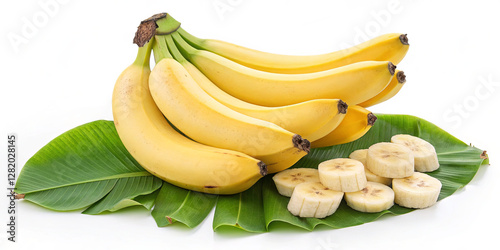 A bunch of ripe yellow bananas is elegantly placed on large green leaves, with several sliced banana rounds displayed next to them. This setup highlights their freshness
