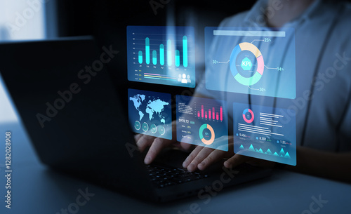 Businessman using KPI dashboard.Financial business data analytics graph dashboard. Management data System KPI connected in database for follow earnings,operations and sales data.	