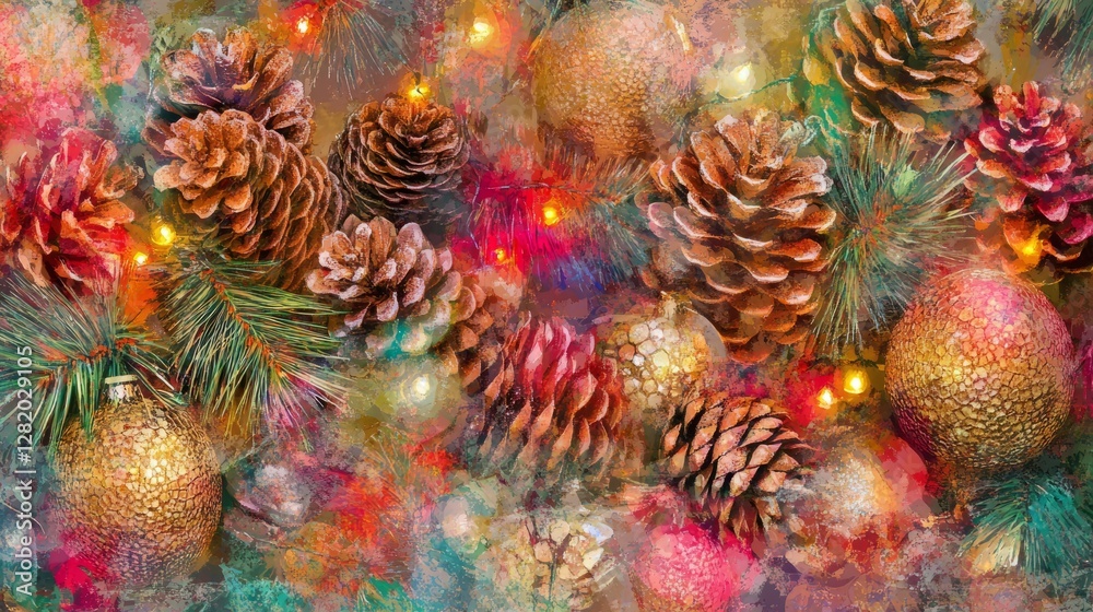 festive Christmas ornaments with pinecones and lights, vibrant and joyful holiday design, warm and colorful tones, sparkling and detailed textures festive Christmas ornaments with pinecones and lights, vibrant and joyful holiday design, warm and colorful tones, sparkling and detailed textures