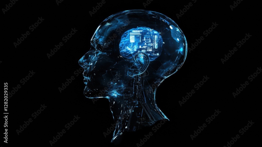Side profile of human head revealing mechanical structures and glowing robotic eye with futuristic design elements. Generative AI Side profile of human head revealing mechanical structures and glowing robotic eye with futuristic design elements. Generative AI