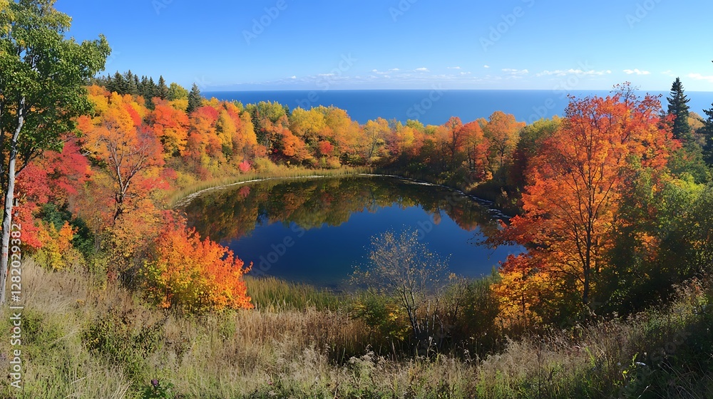 A panoramic view of a serene lake surrounded by vibrant autumn trees, their colors reflecting in the still water A panoramic view of a serene lake surrounded by vibrant autumn trees, their colors reflecting in the still water