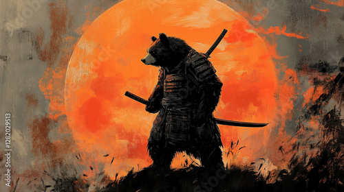 Samurai bear standing before a glowing red sun, armed with two katanas in a warrior pose

