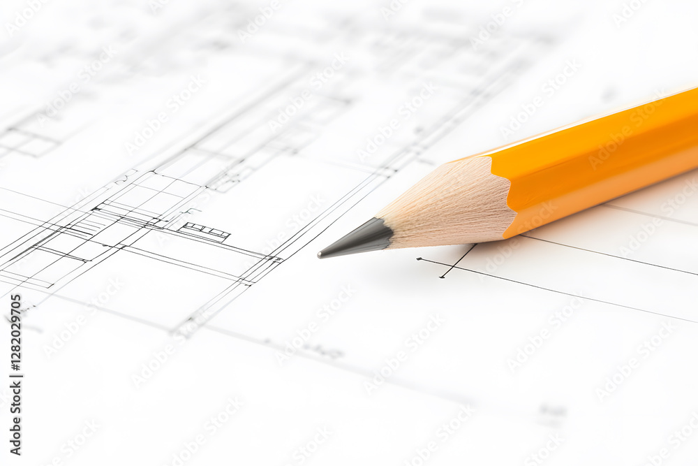 Architectural Blueprint Close-up: A detailed view of a blueprint overlaid with a yellow pencil, symbolizing precision, planning, and design in building. Architectural Blueprint Close-up: A detailed view of a blueprint overlaid with a yellow pencil, symbolizing precision, planning, and design in building.