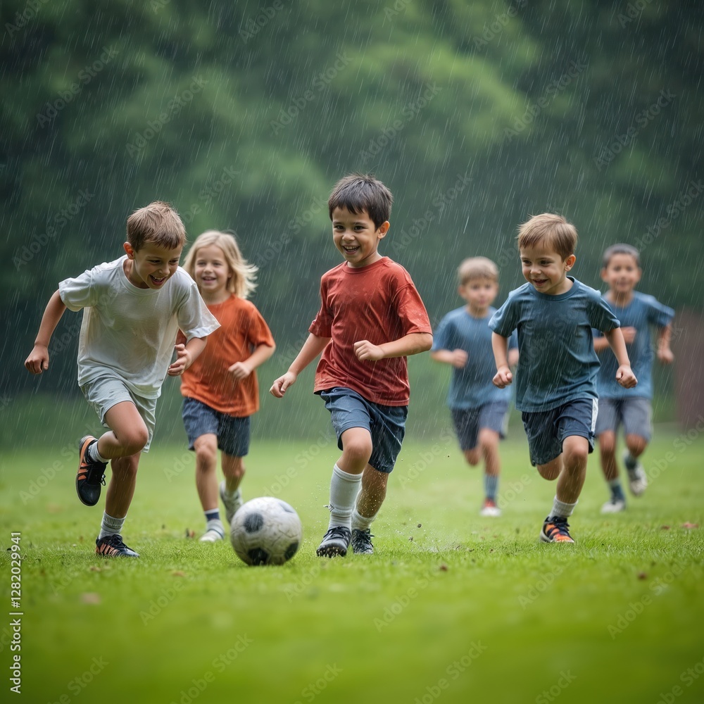 Kids play football on green lawn in rain. Children running soccer ball game. Group of diverse happy boys, active, healthy lifestyle, childhood games, fun, teamwork, sports. Kids play football on green lawn in rain. Children running soccer ball game. Group of diverse happy boys, active, healthy lifestyle, childhood games, fun, teamwork, sports.