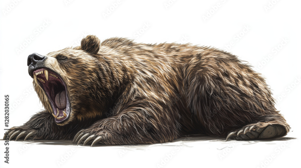 Obraz premium Realistic digital painting of a roaring grizzly bear lying down, showing powerful fangs