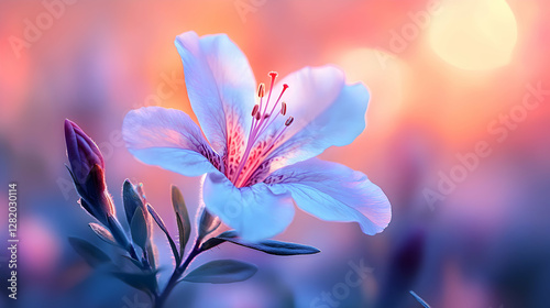 A detailed macro shot of a single azalea bloom, capturing its soft petals and vivid colors