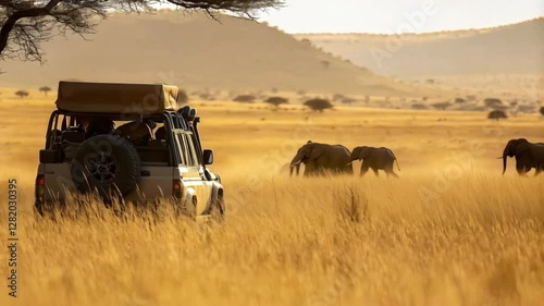 Safari vehicle parked beside grazing elephant herd roaming golden savanna grasslands during wildlife tracking photography journey