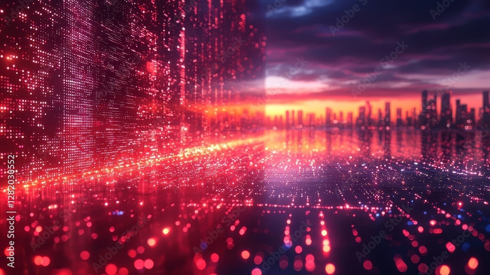 Fototapeta premium Futuristic cityscape at sunset, featuring vibrant red data streams and reflective surfaces, symbolizing technology and innovation.