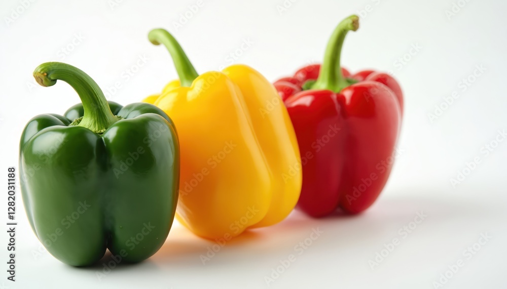 Tilted angle vibrant red yellow, green bell peppers. Fresh colorful vegetables for healthy cooking, dietary ingredients. Organic capsicum peppers on white background. Culinary art vegetarian produce. Tilted angle vibrant red yellow, green bell peppers. Fresh colorful vegetables for healthy cooking, dietary ingredients. Organic capsicum peppers on white background. Culinary art vegetarian produce.