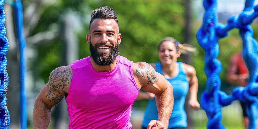 Obraz premium diverse ethnic adults running obstacle course 